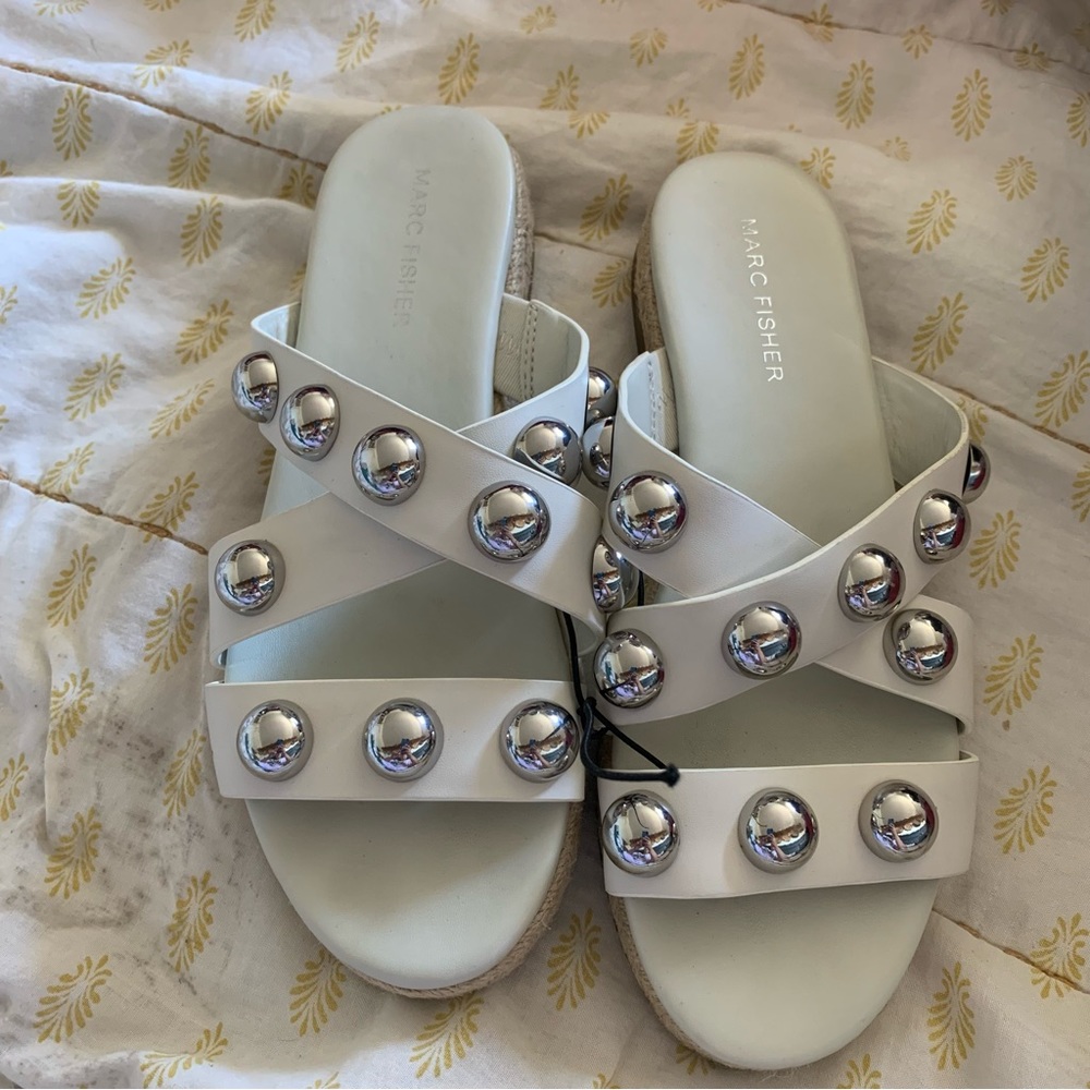 Marc Fisher white Prisca Ball Studded Espadrille Sandals